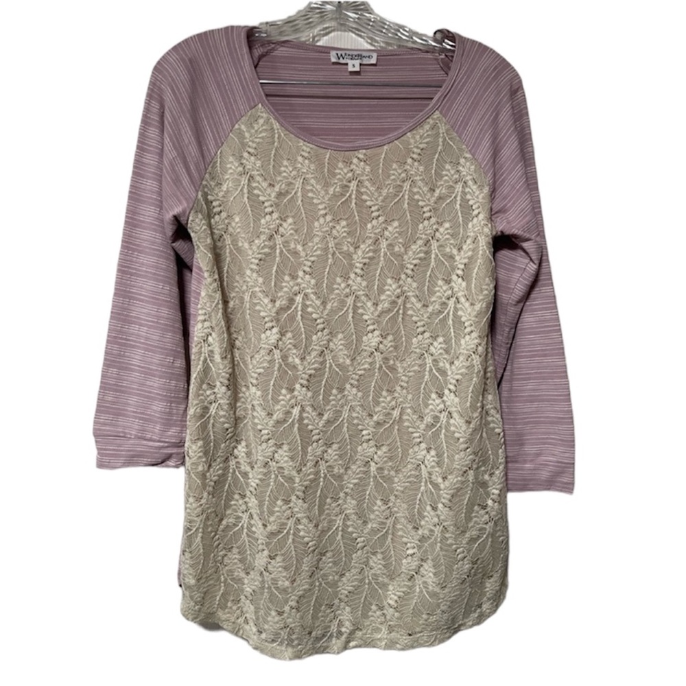 Wonderland by Orange 3/4 Sleeve Shirt With Lace front Purple Cream Stripped